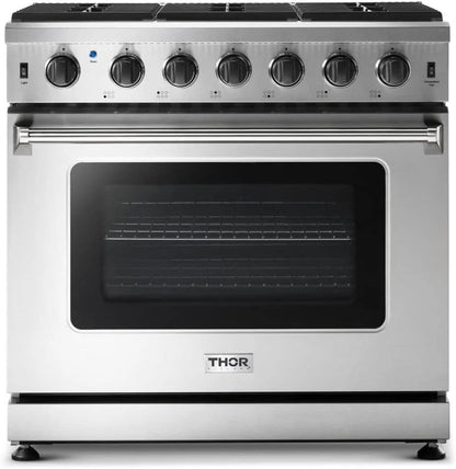 Casavibeo Thor Kitchen 36-inch gas range with four burners and stainless steel finish, detailed view of cooktop and control knobs