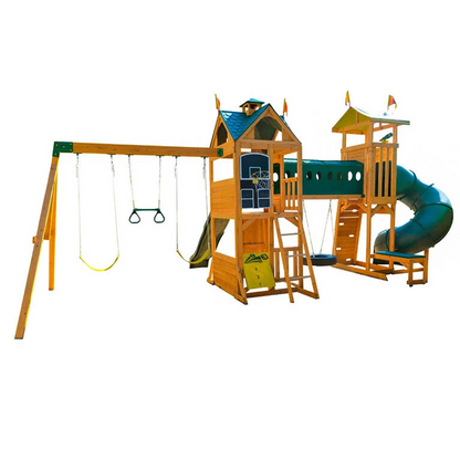 Casavibeo KidKraft Mockingbird View cedar swing set with lookout tower, tube slide, and basketball hoop in a backyard.
