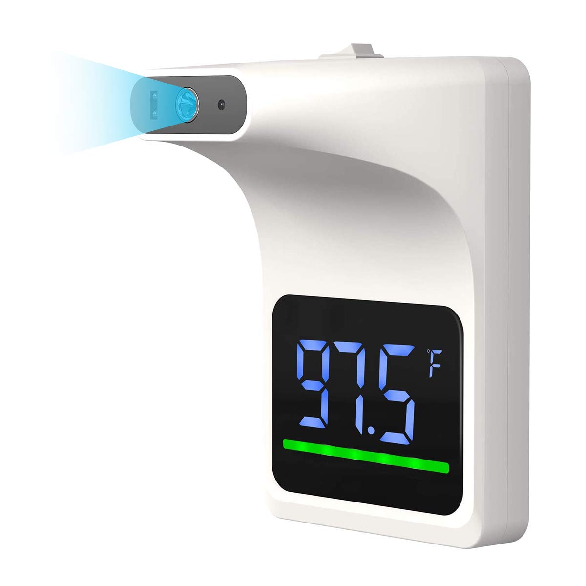 Belro contactless wall-mounted forehead thermometer with digital display showing temperature readings on a sleek electronic monitor.