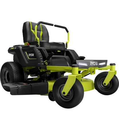 Ryobi 48V 42-inch electric riding zero turn mower with 75 Ah battery, shown with cutting deck and control panel.