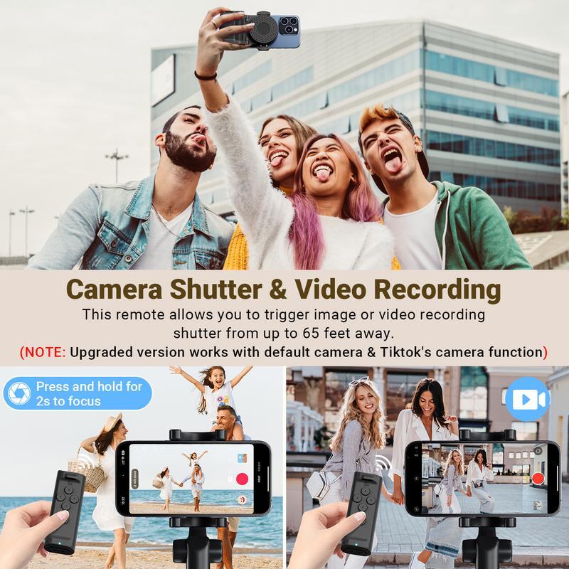 Mivoza smartphone grip with Bluetooth remote shutter attached to a smartphone, showing 180° adjustable mount and secure grip for photos
