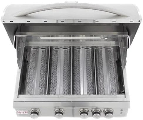 Casavibeo Blaze 32-inch 4-burner LTE gas grill with rear burner and built-in lighting system, shown with stainless steel finish and grilling surface