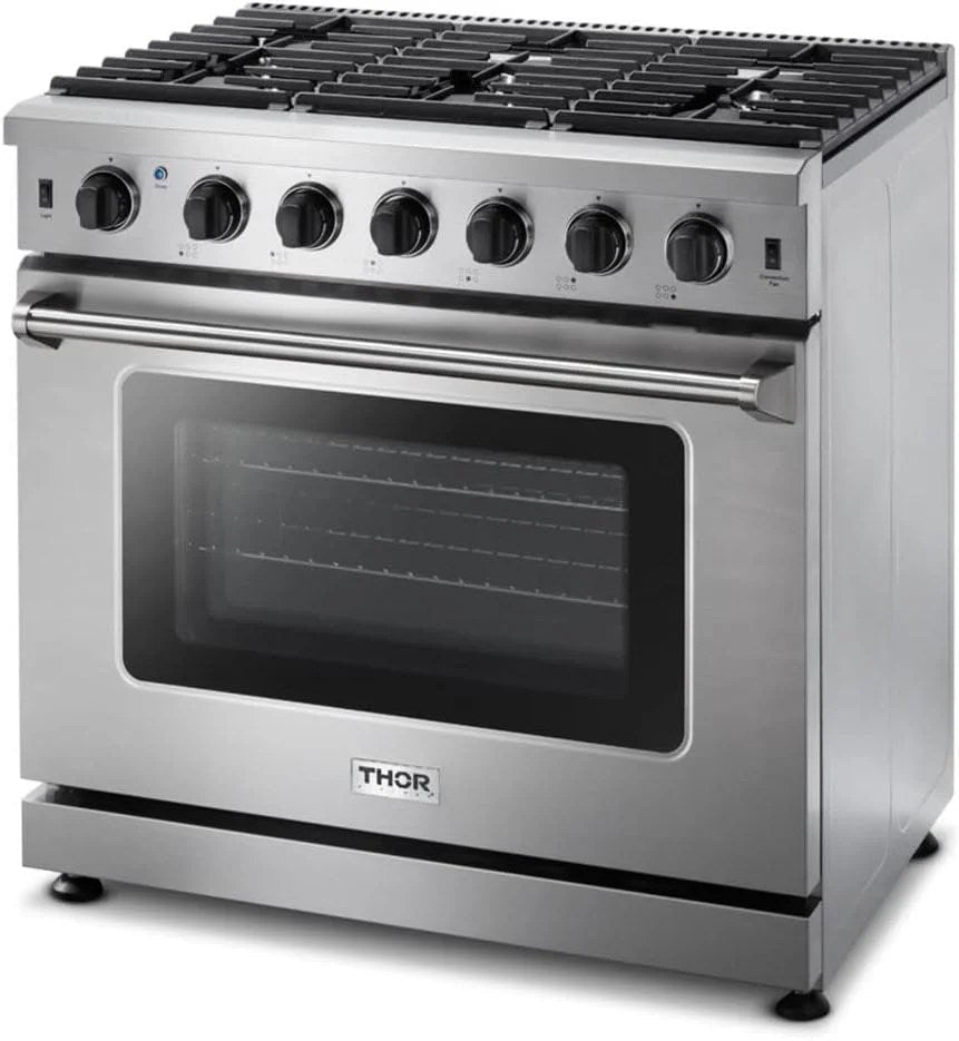Casavibeo Thor Kitchen 36-inch gas range with four burners and stainless steel finish, front control knobs, and spacious oven.