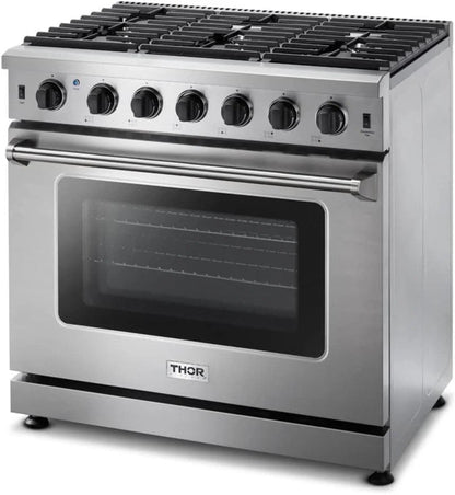 Casavibeo Thor Kitchen 36-inch gas range with four burners and stainless steel finish, front control knobs, and spacious oven.