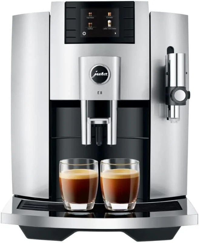 Casavibeo Jura E8 automatic coffee machine with sleek design, display screen, and multiple coffee brewing options.