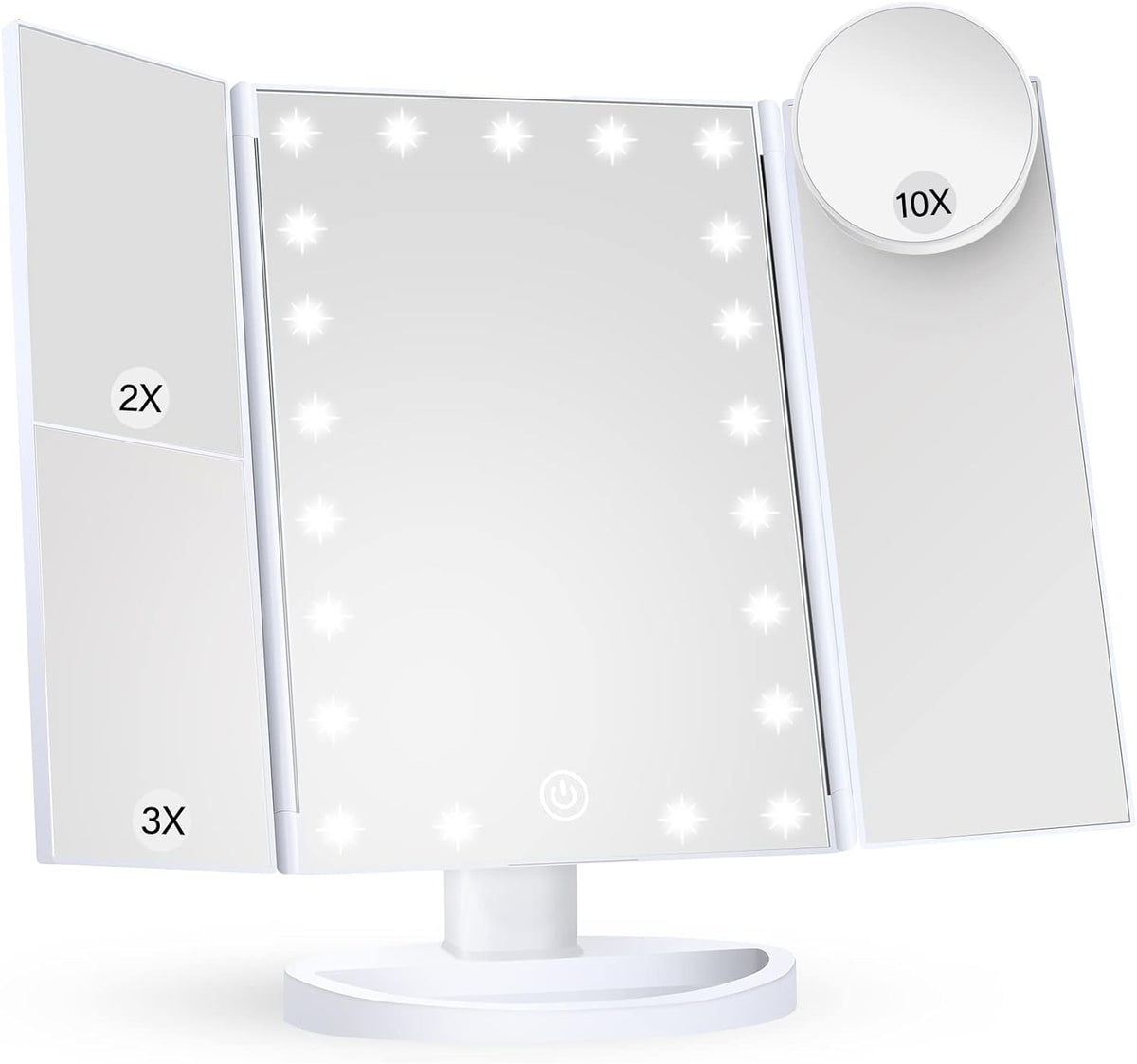 Belro tri-fold LED makeup mirror with built-in lights, featuring multiple reflective surfaces for detailed beauty and makeup application.