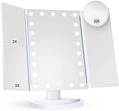 Belro tri-fold LED makeup mirror with built-in lights, featuring multiple reflective surfaces for detailed beauty and makeup application.