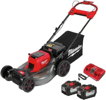 Milwaukee M18 Fuel self-propelled 21-inch walk-behind lawn mower with dual batteries, designed for efficient yard work.
