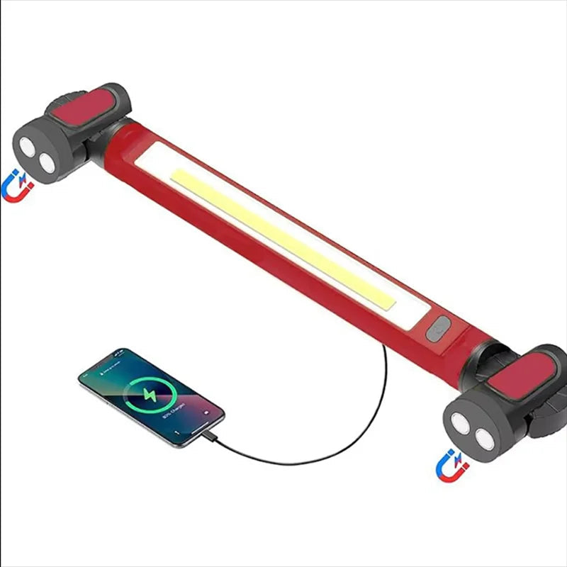 Red rechargeable LED work light with magnetic base and 5200mAh battery from Belro, ideal for versatile lighting tasks.
