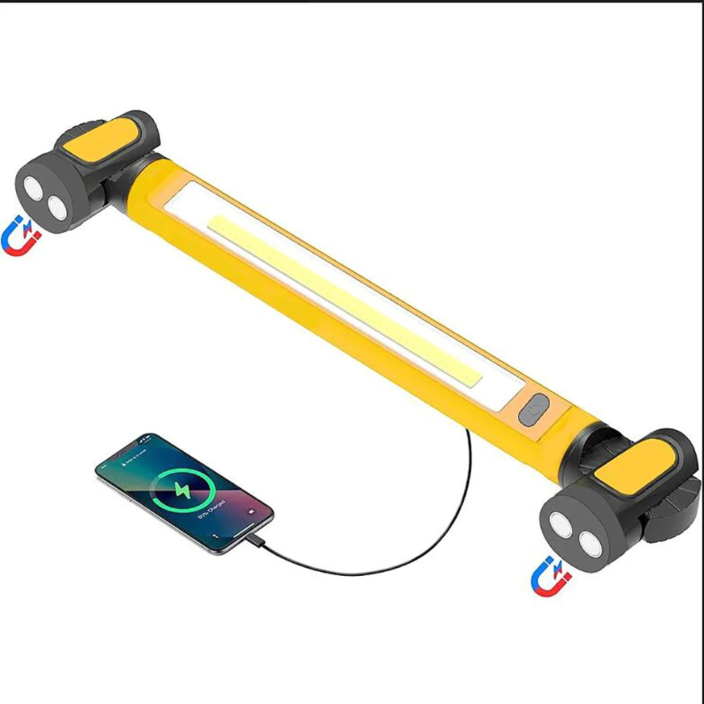 Yellow Belro rechargeable LED work light with magnetic base and 5200mAh battery, ideal for hands-free illumination and work tasks