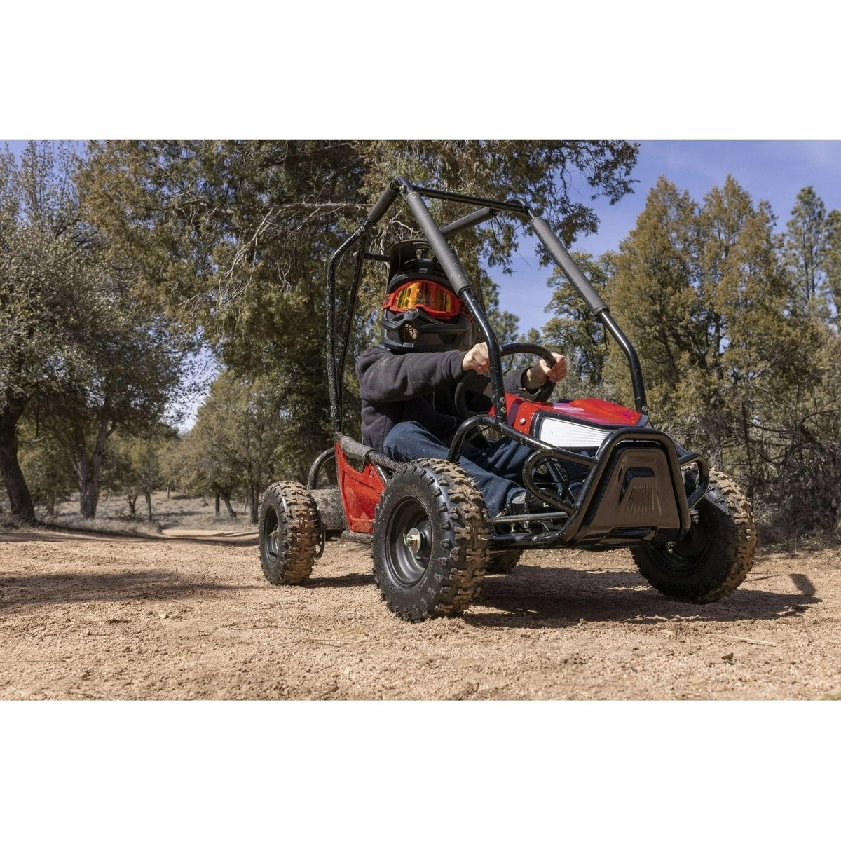 Casavibeo Coleman Powersports GK100 one-seater go-kart with black frame and large tires, designed for outdoor racing and recreation.