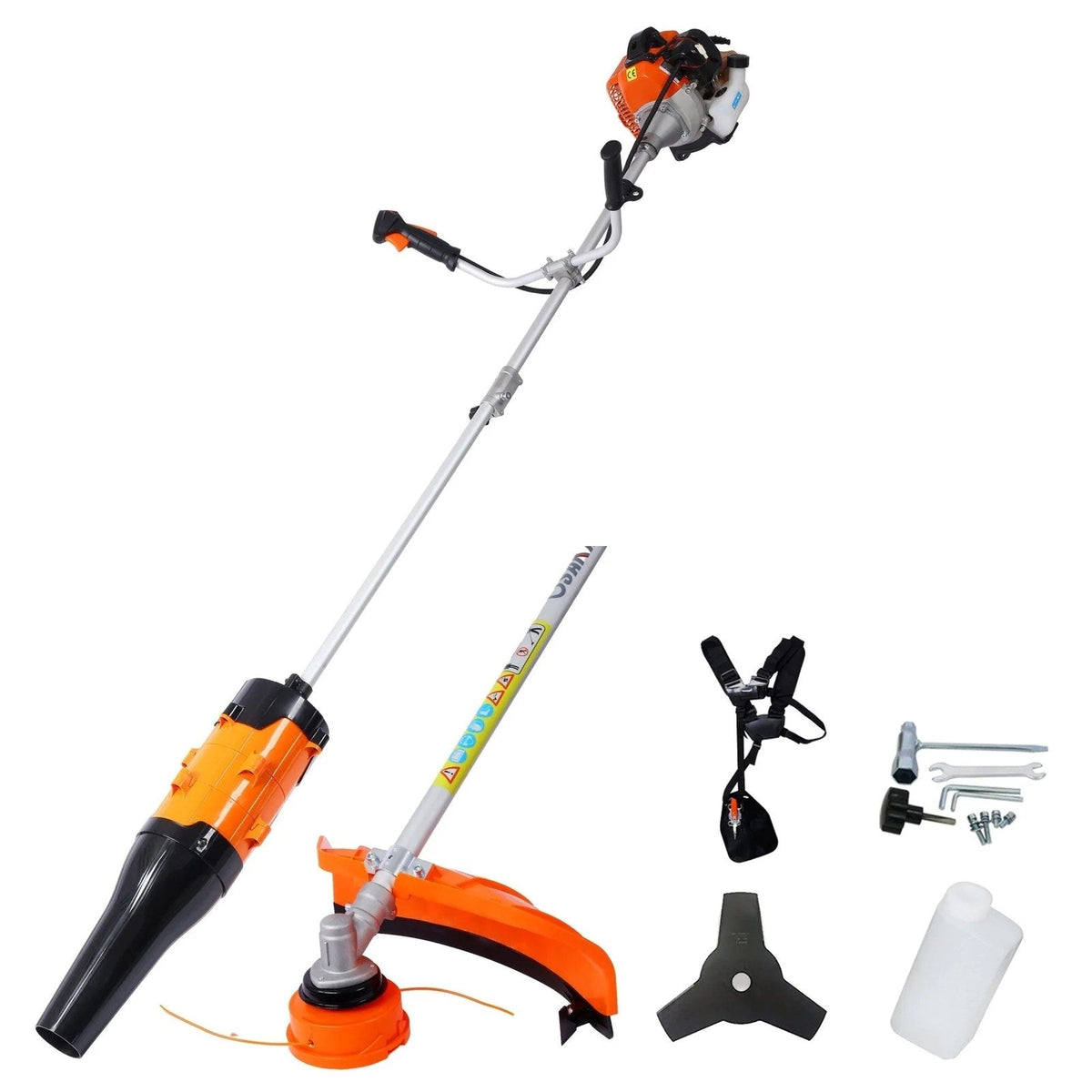 Casavibeo 3-in-1 blower, string trimmer, and 10-inch brush cutter with rubber handle and shoulder strap for garden work.