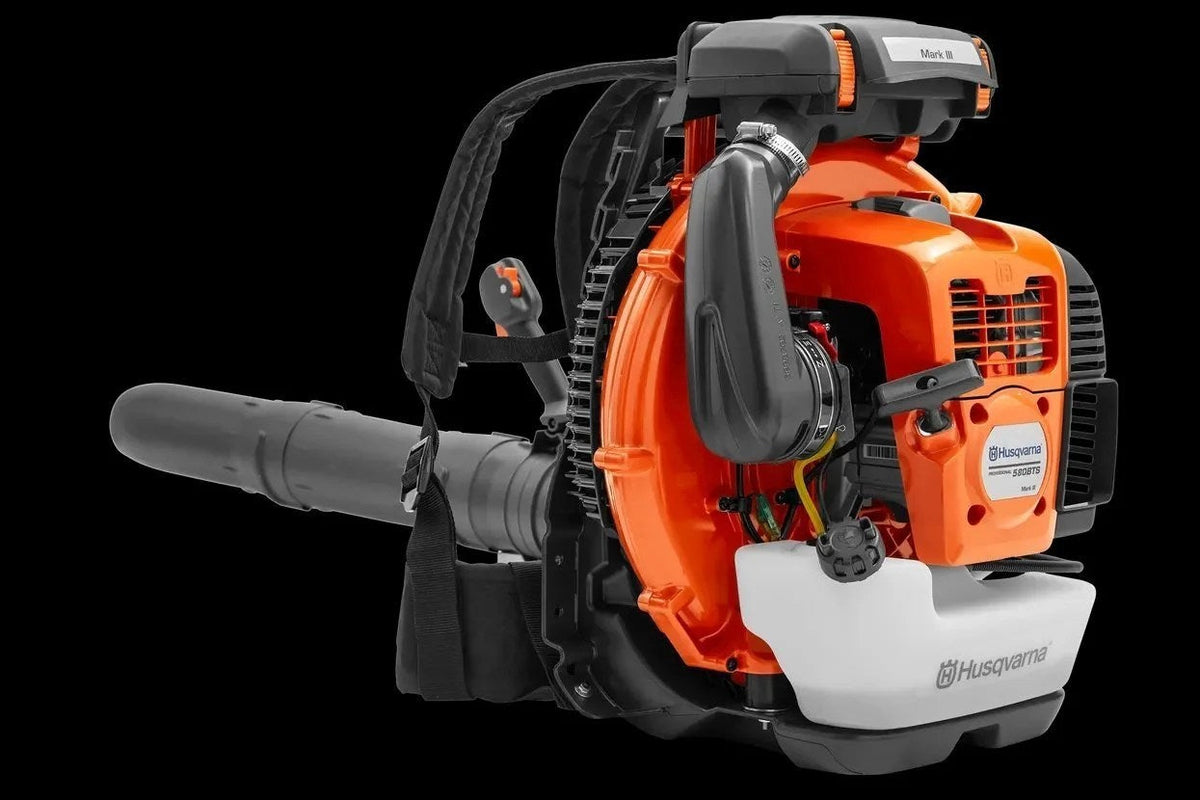 Husqvarna 580BTS gas backpack blower with ergonomic harness and powerful engine for efficient yard cleanup.