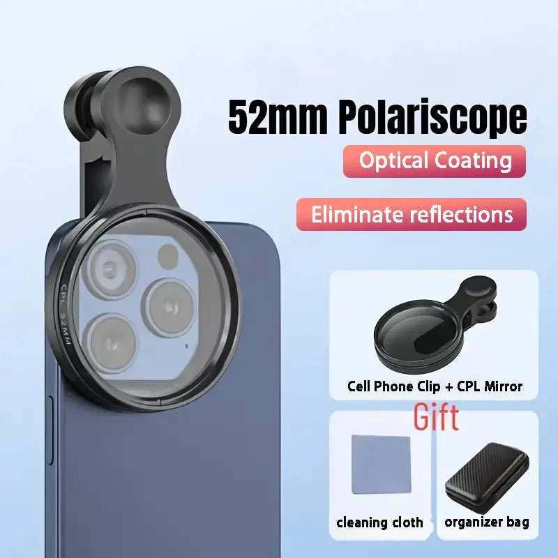 Mivoza 52mm CPL lens filter reducing glare and enhancing colors, compatible with smartphones for clearer photography.