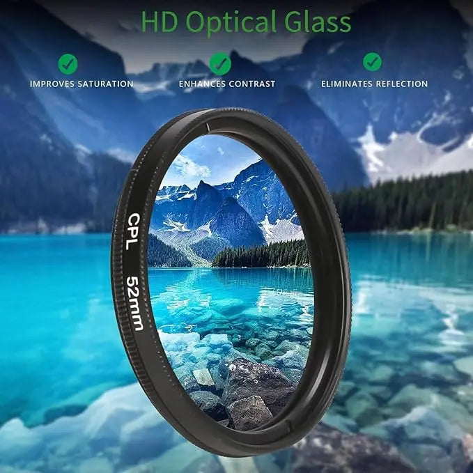 Mivoza 52mm CPL lens filter reducing glare and enhancing colors, compatible with smartphones, shown attached to camera lens.