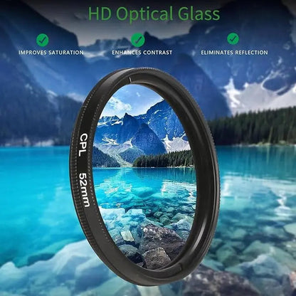 Mivoza 52mm CPL lens filter reducing glare and enhancing colors, compatible with smartphones, shown attached to camera lens.