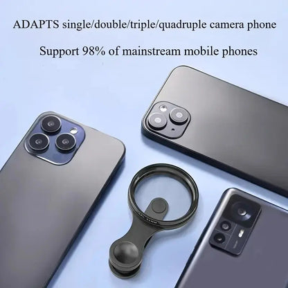 Mivoza 52mm CPL lens filter for smartphones, reduces glare and enhances colors, shown attached to a camera lens.