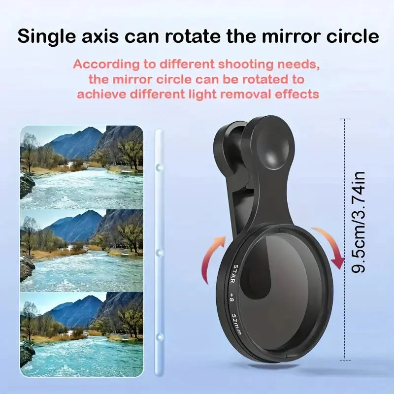 Mivoza 52mm CPL lens filter reducing glare and enhancing colors for smartphone photography, compatible with various camera lenses.
