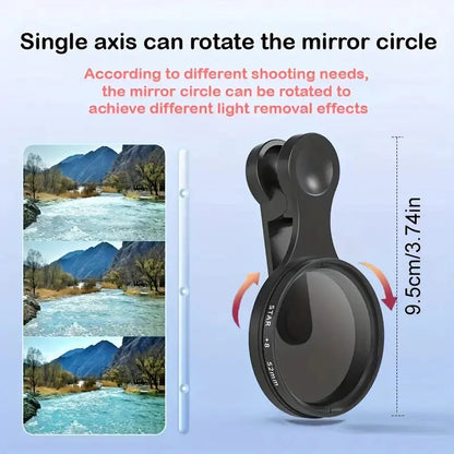 Mivoza 52mm CPL lens filter reducing glare and enhancing colors for smartphone photography, compatible with various camera lenses.