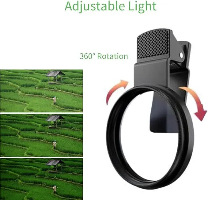 Mivoza 52mm CPL lens filter reducing glare and enhancing colors, compatible with smartphones, shown on a camera lens.