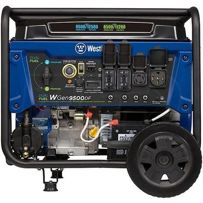 DuroMax DS12000EH 12,000 Watt dual fuel portable generator with control panel and fuel tanks, used outdoors for power backup.