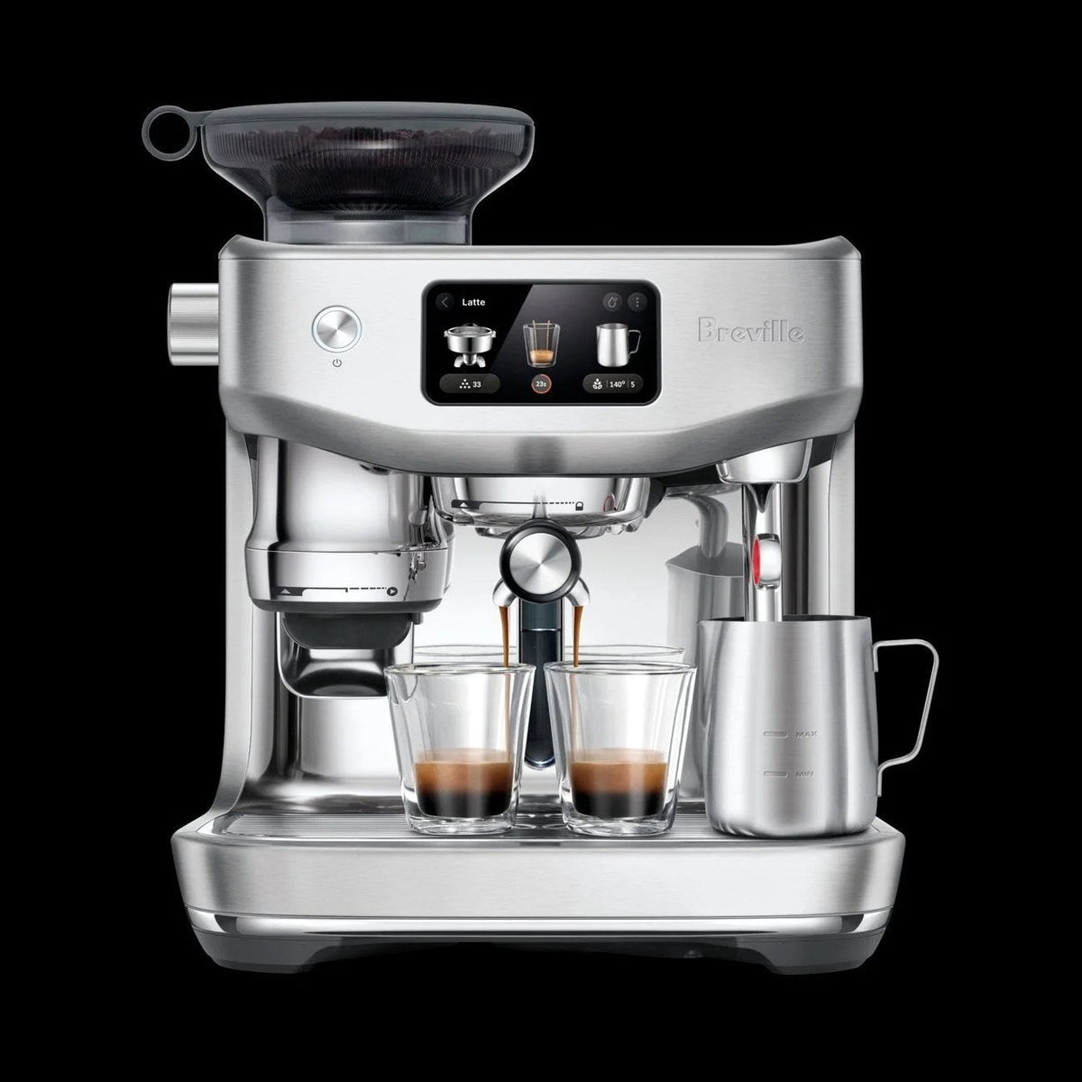 Casavibeo Breville Oracle Jet espresso machine with stainless steel finish and dual boiler system, ready for brewing rich espresso.