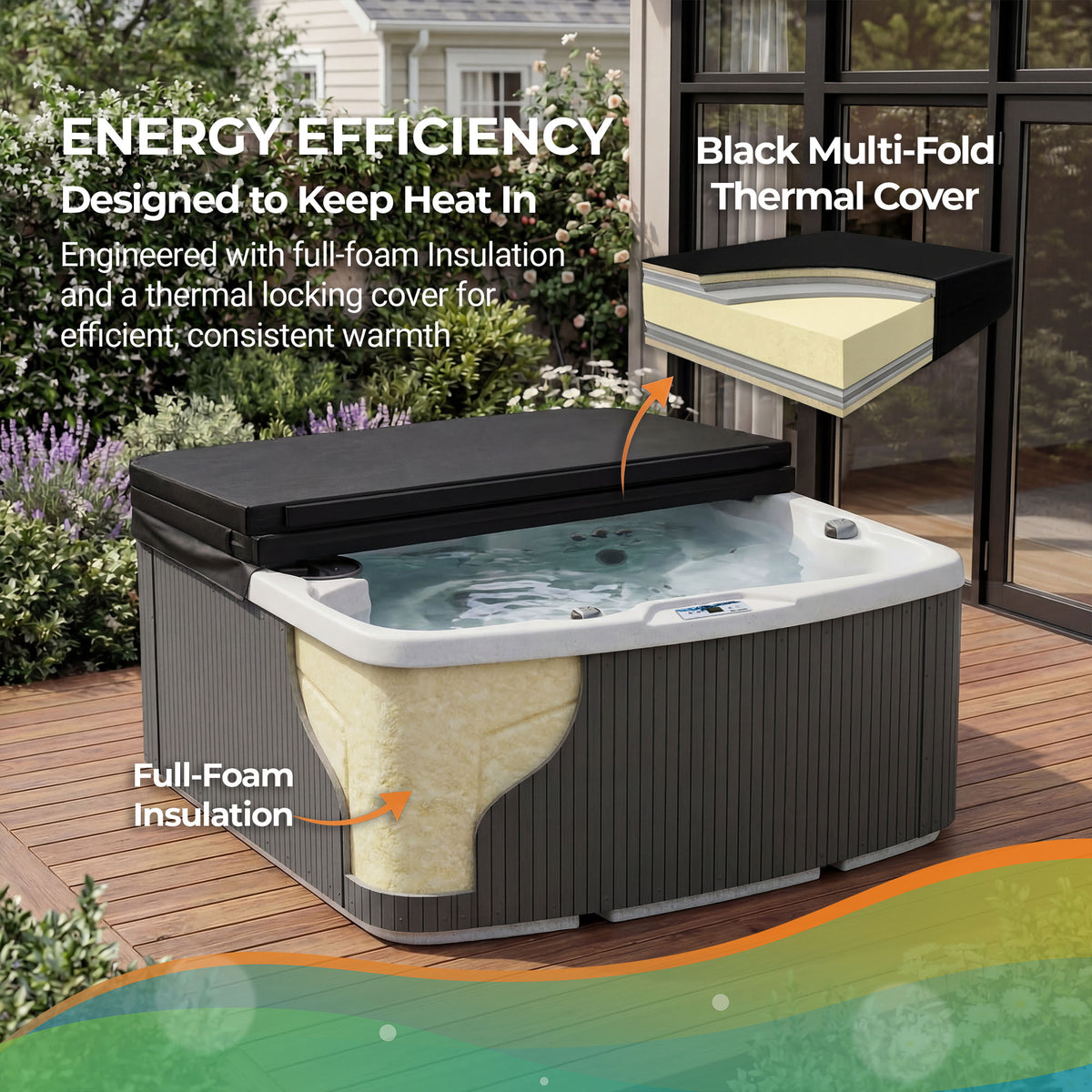 Casavibeo Lifesmart Leganza 6-person spa with 90 jets, lounge seating, in coastal gray color, showcasing energy efficiency infographic.