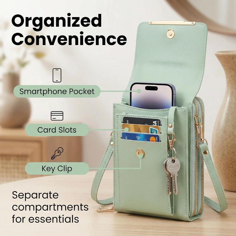 Bowlift RFID phone wallet with slim card holder and protective case, featuring anti-theft design and compact phone storage.