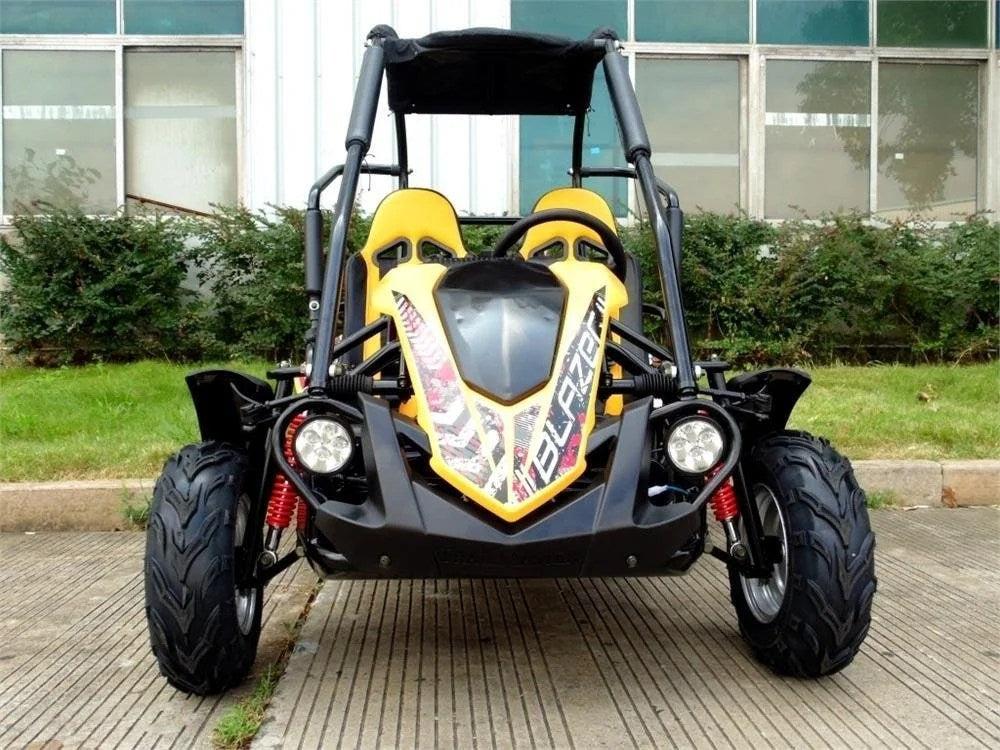 Casavibeo TrailMaster Blazer 200R mid go-kart shows a sturdy frame, large tires, and a sleek design suitable for off-road adventures.