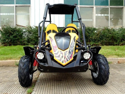 Casavibeo TrailMaster Blazer 200R mid go-kart shows a sturdy frame, large tires, and a sleek design suitable for off-road adventures.