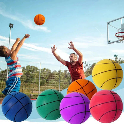 Belro silent basketball for team sports, showing a close-up of the black and orange ball designed for quiet play and outdoor use.