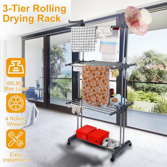 Belro foldable and rolling heavy-duty clothes drying rack with multiple bars for laundry drying, designed for home and garden use.