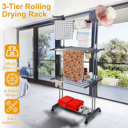 Belro foldable and rolling heavy-duty clothes drying rack with multiple bars for laundry drying, designed for home and garden use.