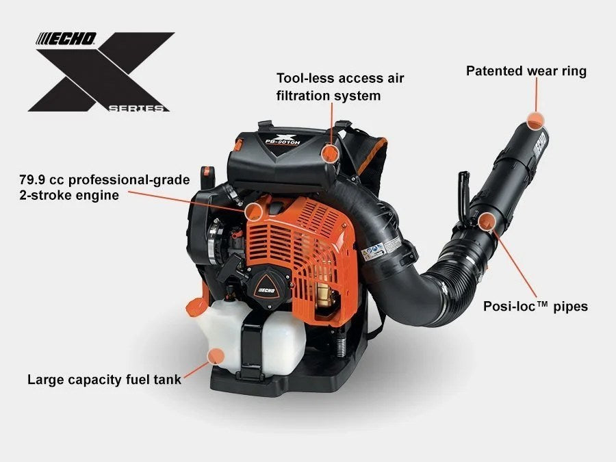 Casavibeo ECHO X Series Backpack Blower PB-9010H with ergonomic harness and powerful engine, ready for outdoor yard cleanup.
