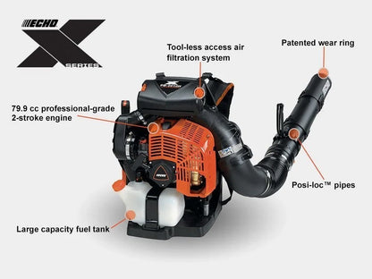 Casavibeo ECHO X Series Backpack Blower PB-9010H with ergonomic harness and powerful engine, ready for outdoor yard cleanup.