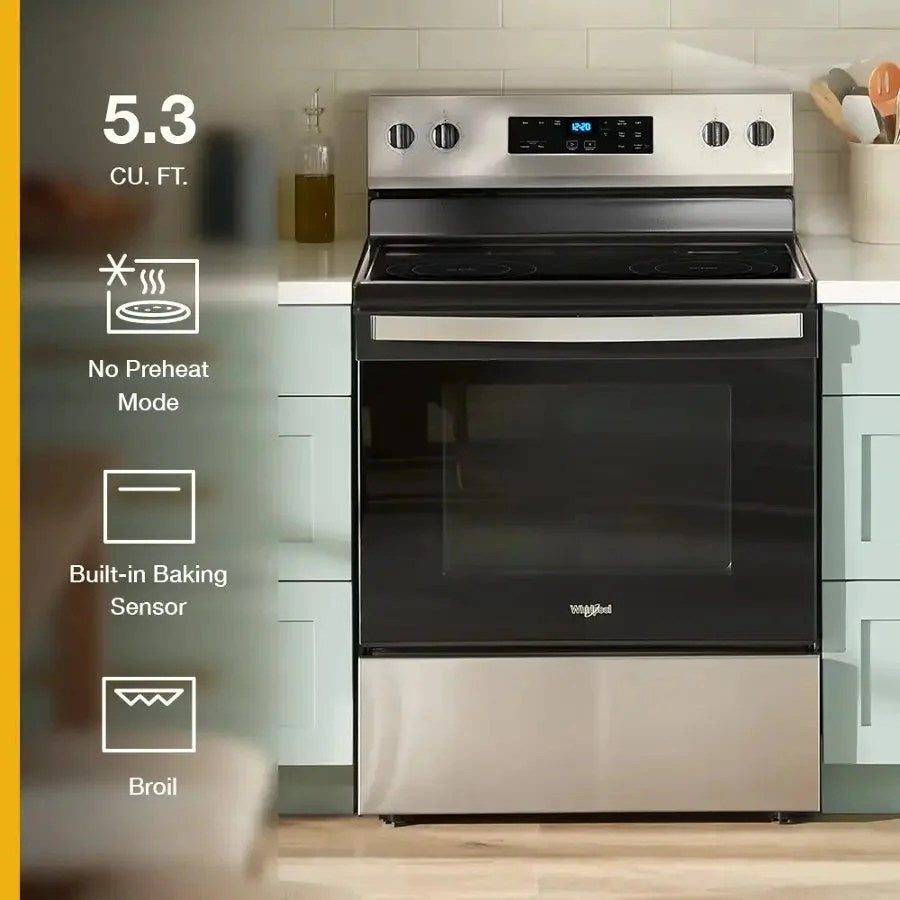 Whirlpool electric range with four burners and black glass cooktop, stainless steel control panel and oven door.