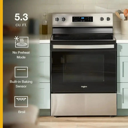Whirlpool electric range with four burners and black glass cooktop, stainless steel control panel and oven door.