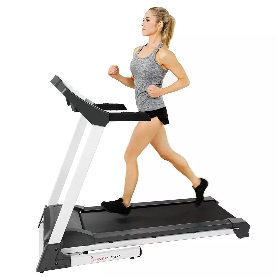 Casavibeo Sunny Health & Fitness Smart Treadmill SF-T7515 with digital display and sturdy running surface, viewed from the side.