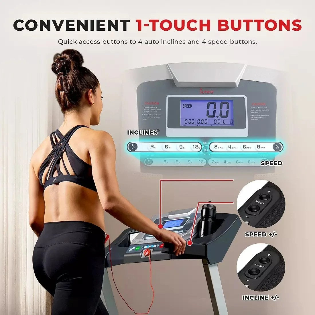 Casavibeo Sunny Health & Fitness Smart Treadmill SF-T7515 with digital display and running surface, shown in a home gym setting