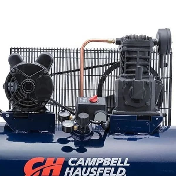 Cast-iron 30-gallon air compressor with 3.7 HP motor from Campbell Hausfeld, shown with control panel and air tank.
