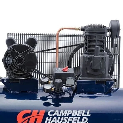 Cast-iron 30-gallon air compressor with 3.7 HP motor from Campbell Hausfeld, shown with control panel and air tank.