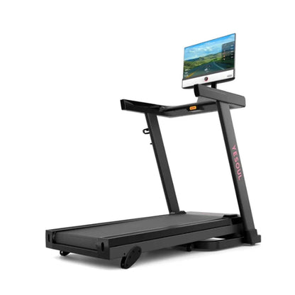 Casavibeo Yesoul T1M Plus folding treadmill with 21.5-inch touchscreen, quiet motor, 3-level incline, and space-saving design