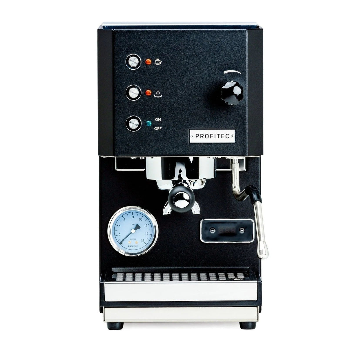Casavibeo Profitec GO espresso machine with compact design, stainless steel finish, and built-in steam wand for home coffee brewing.