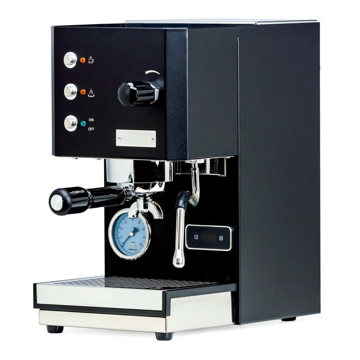 Casavibeo Profitec GO espresso machine with stainless steel finish and compact design, featuring portafilter and control panel.