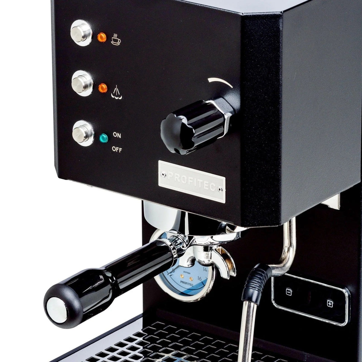 Casavibeo Profitec GO espresso machine with sleek black design and compact size, featuring portafilter and control panel.