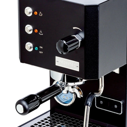 Casavibeo Profitec GO espresso machine with sleek black design and compact size, featuring portafilter and control panel.