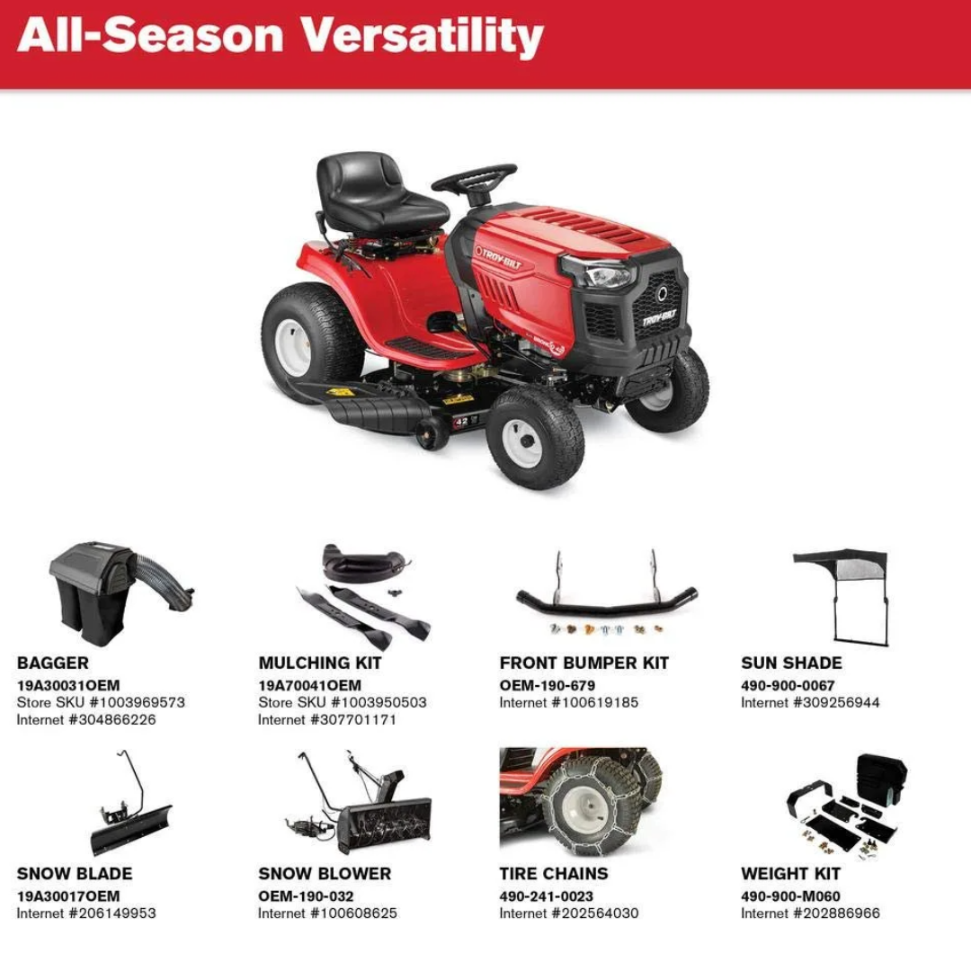 Casavibeo Troy Bilt Bronco 42-inch 19 HP Briggs & Stratton gas riding lawn tractor with automatic drive, shown on a lawn.