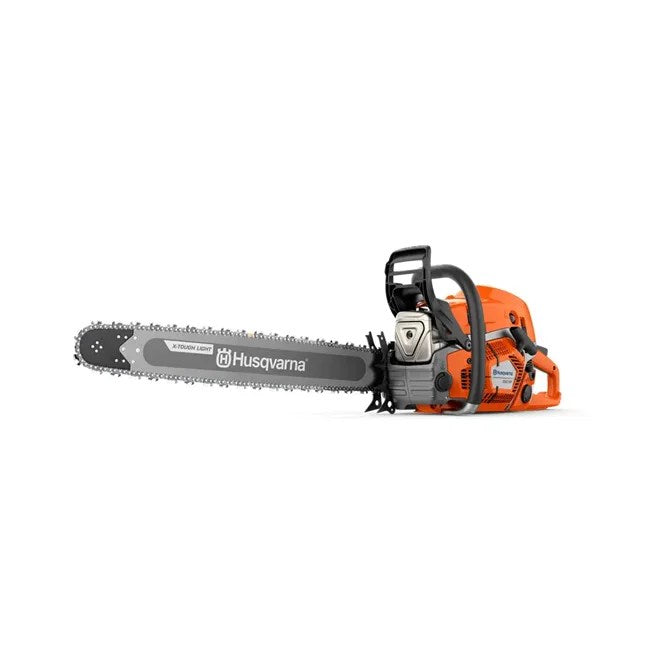 Husqvarna 592XP chainsaw with a sturdy black and silver body, featuring a large guide bar and chain for heavy-duty cutting tasks.