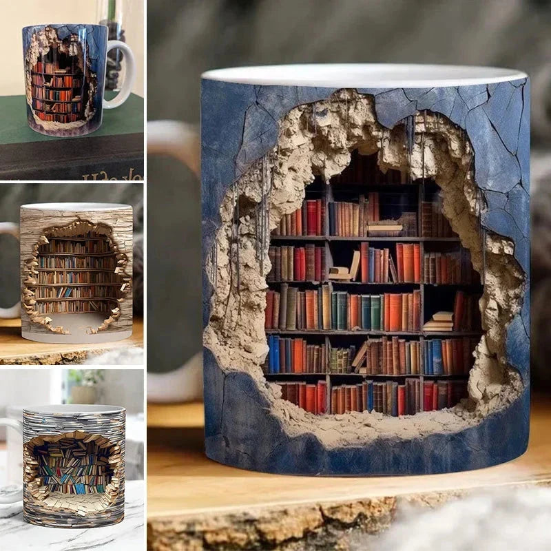 Belro 3D Library Bookshelf mug featuring a detailed bookshelf design, perfect for book lovers and coffee enthusiasts.