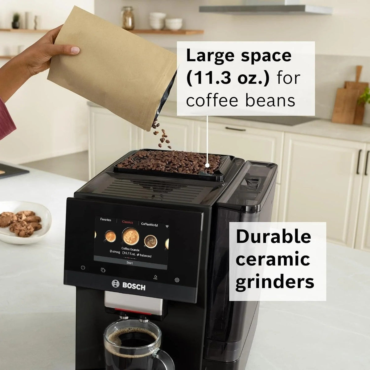 Casavibeo Bosch VeroCafe 800 Series fully automatic espresso machine with stainless steel finish and digital control panel.